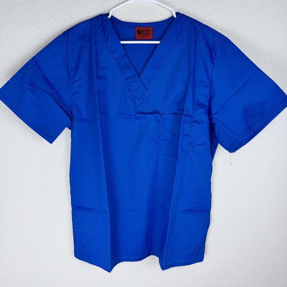 Scrubs Station Womens Royal Blue V-Neck Medical Scrub Top Large 3 Pocket VS